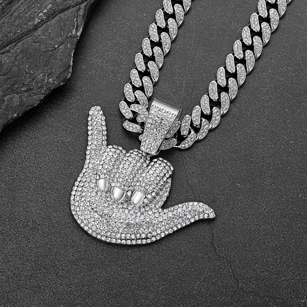 Full Diamond 666 Hand Pendant With Cuban Chain Necklace for