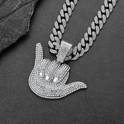 Full Diamond 666 Hand Pendant With Cuban Chain Necklace for