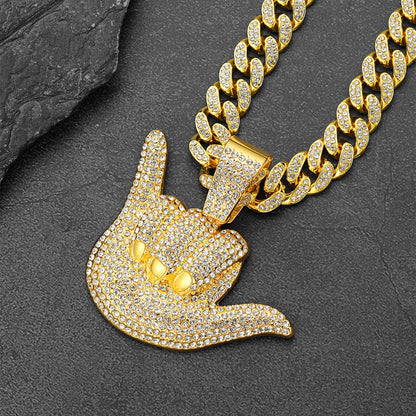 Full Diamond 666 Hand Pendant With Cuban Chain Necklace for