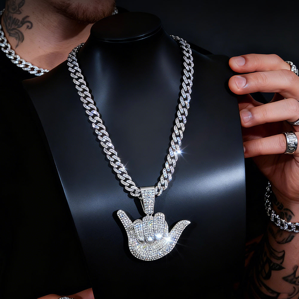 Full Diamond 666 Hand Pendant With Cuban Chain Necklace for