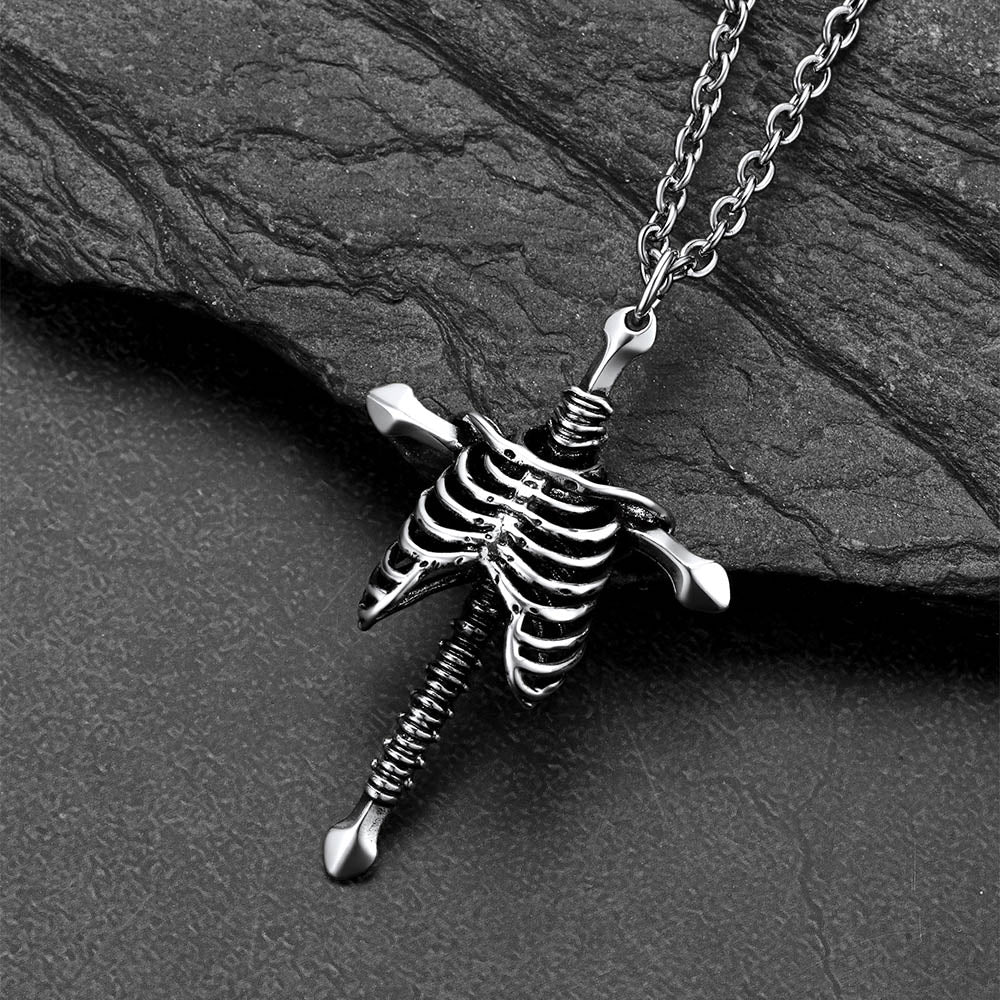 Gothic Jesus Skeleton Cross Pendant Necklace for