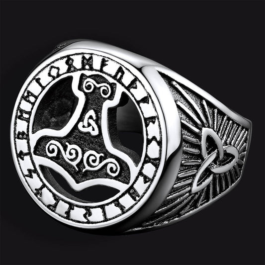 Viking Thor's Hammer Ring With Runes for