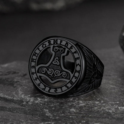Viking Thor's Hammer Ring With Runes for
