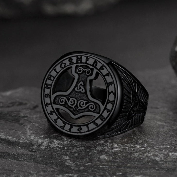 Viking Thor's Hammer Ring With Runes for