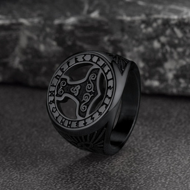 Viking Thor's Hammer Ring With Runes for