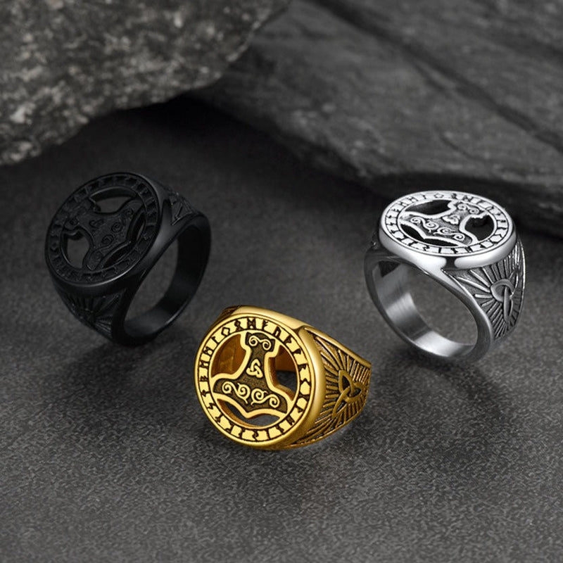 Viking Thor's Hammer Ring With Runes for