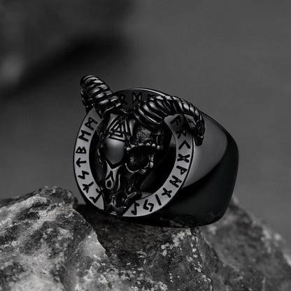 Satanic Goat Skull Ring With Viking Runes for