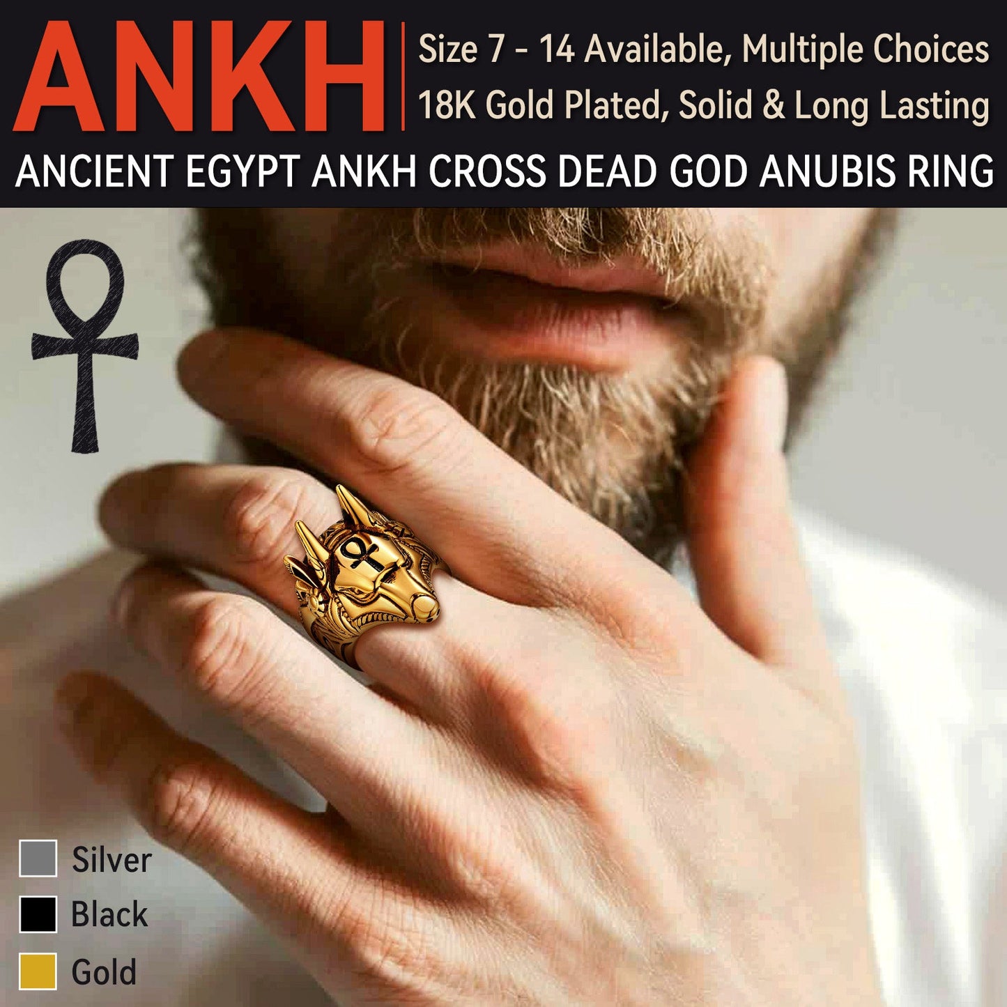 Ancient Egyptian Anubis Ring With Ankh Cross for