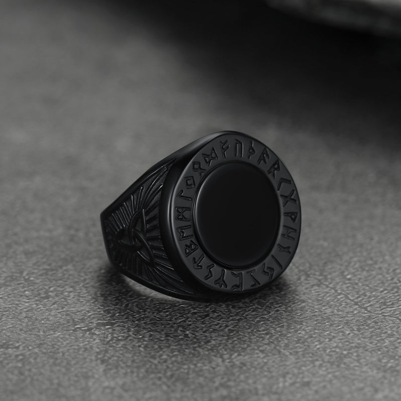 Black Onyx Signet Ring With Viking Runes for