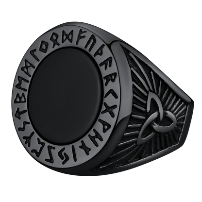 Black Onyx Signet Ring With Viking Runes for