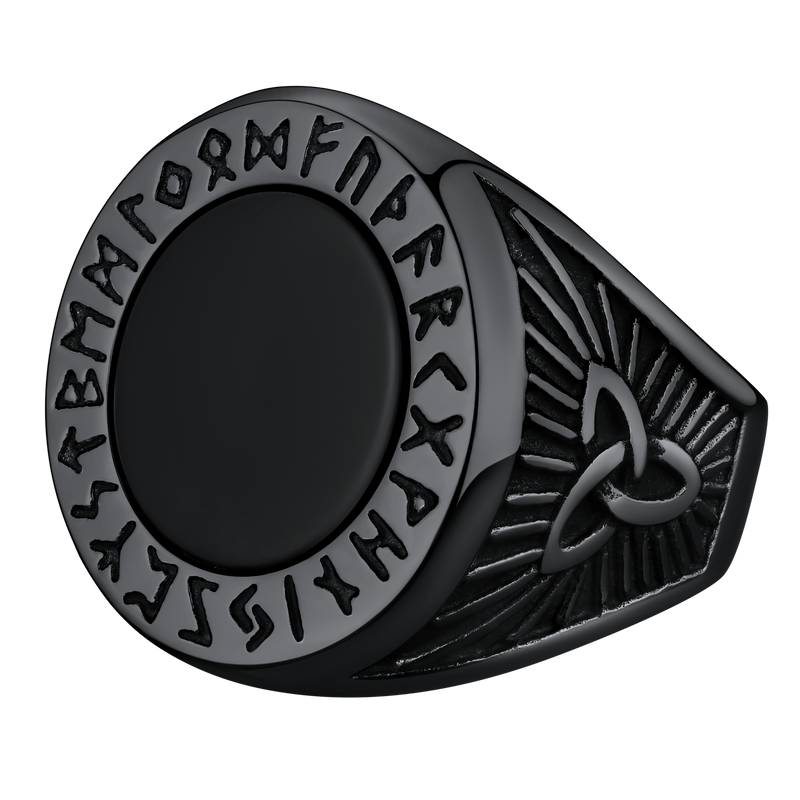 Black Onyx Signet Ring With Viking Runes for