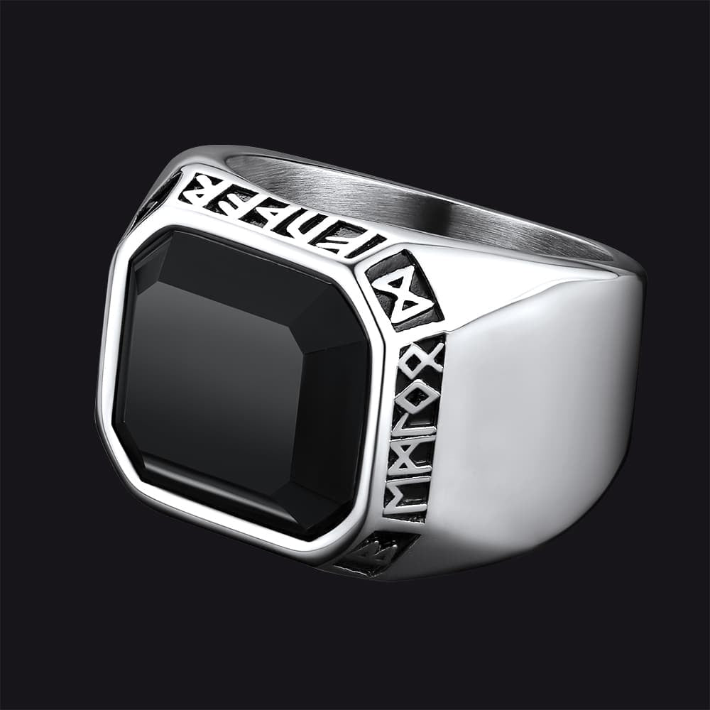 Customized Black Onyx Ring With Viking Runes for