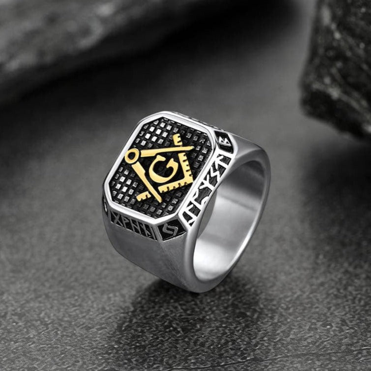 Square Masonic Signet Ring With Runes for