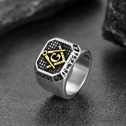 Square Masonic Signet Ring With Runes for