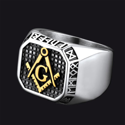 Square Masonic Signet Ring With Runes for