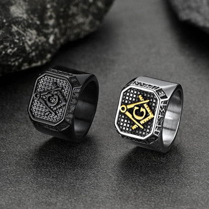 Square Masonic Signet Ring With Runes for