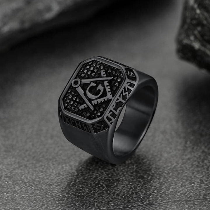 Square Masonic Signet Ring With Runes for