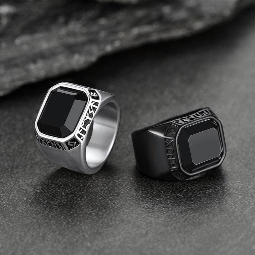 Customized Black Onyx Ring With Viking Runes for