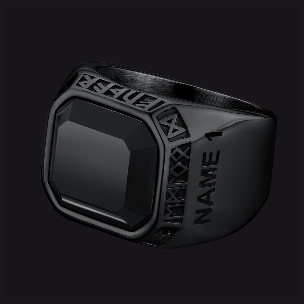 Customized Black Onyx Ring With Viking Runes for