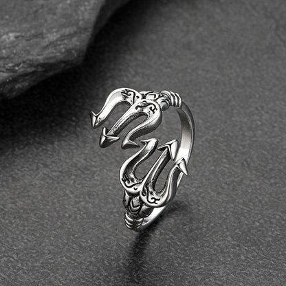 Greek Poseidon Trident Ring Adjustable Open Ring for