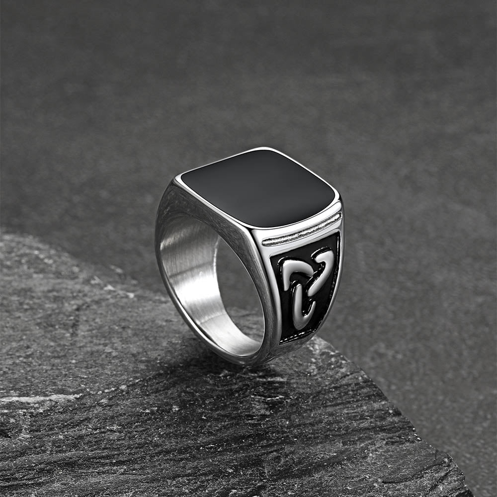 Viking Black Onyx Celtic Knot Signet Square Ring for