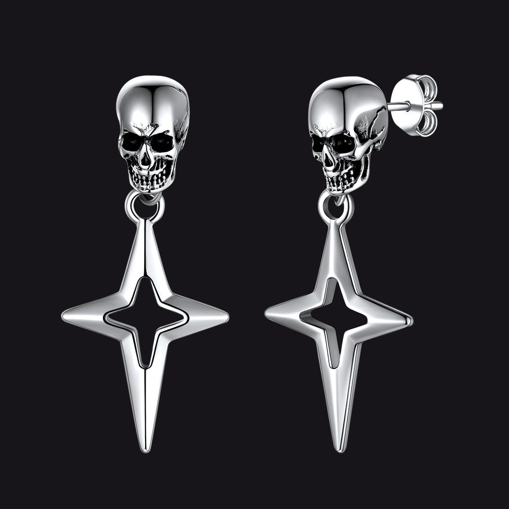 Flash Skull Dangle Stud Earrings With Cross Star for