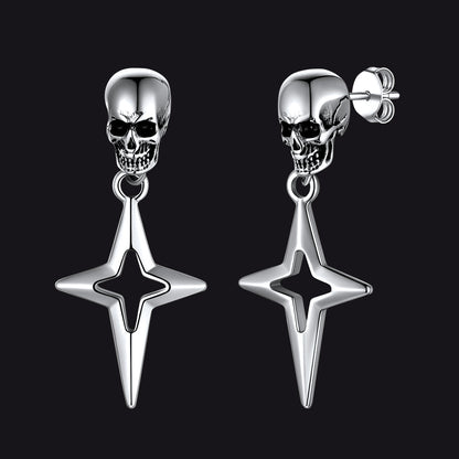 Flash Skull Dangle Stud Earrings With Cross Star for