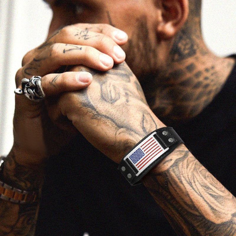 Black American Flag Leather Bracelet Wristband for