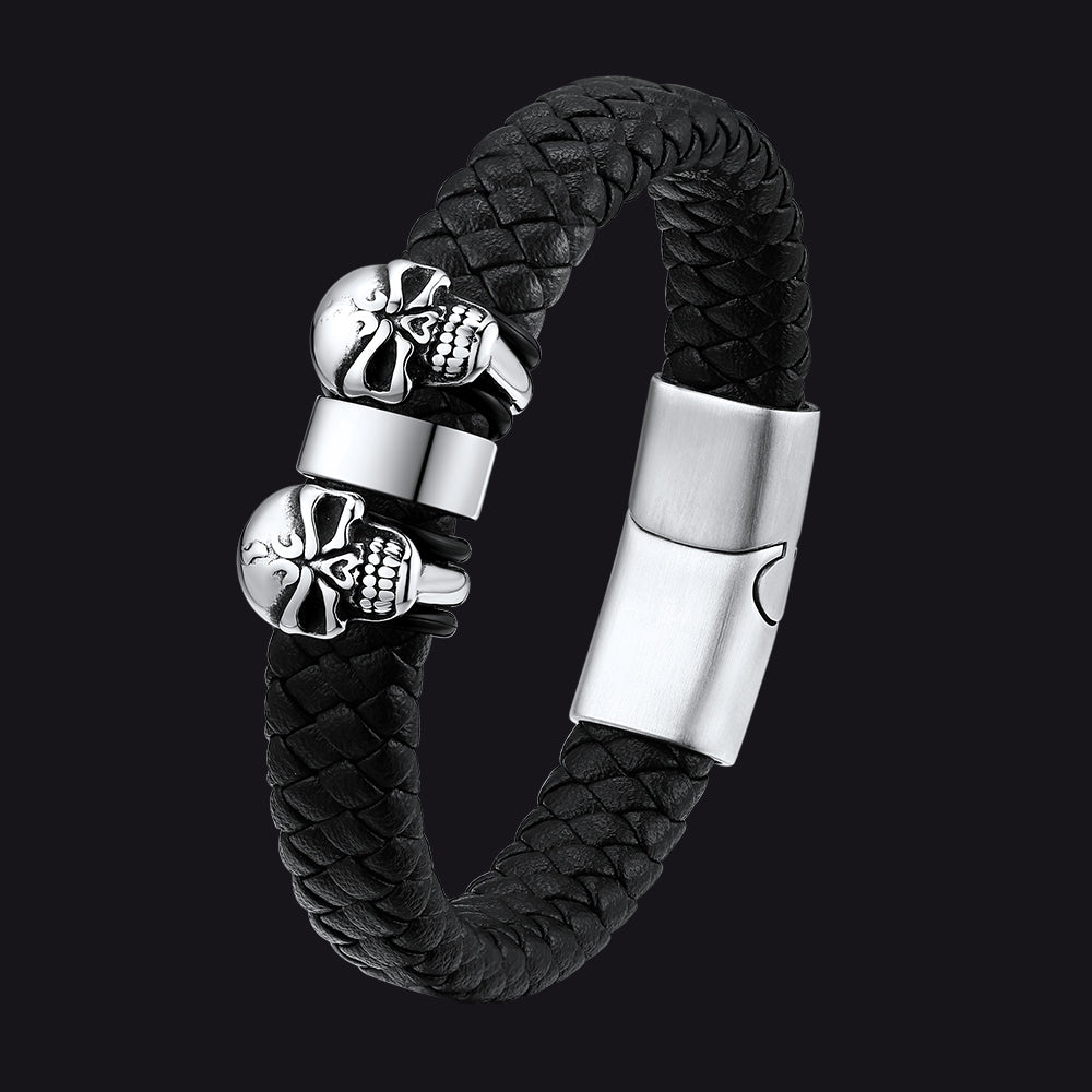 Personalized Name Beads Leather Bracelet With Skull for