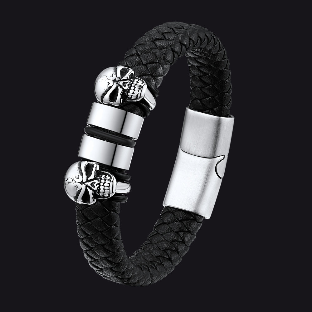 Personalized Name Beads Leather Bracelet With Skull for