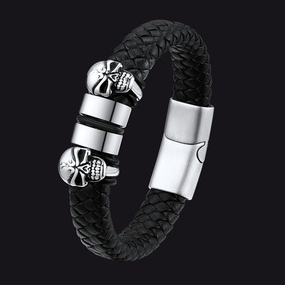 Personalized Name Beads Leather Bracelet With Skull for