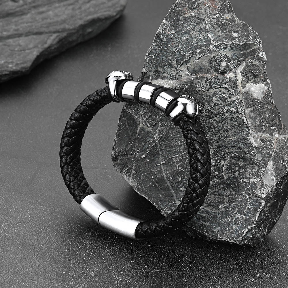 Personalized Name Beads Leather Bracelet With Skull for