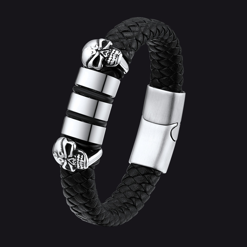 Personalized Name Beads Leather Bracelet With Skull for