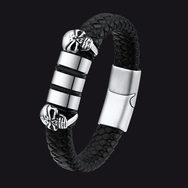 Personalized Name Beads Leather Bracelet With Skull for