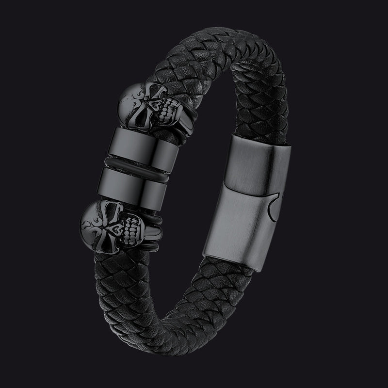 Personalized Name Beads Leather Bracelet With Skull for