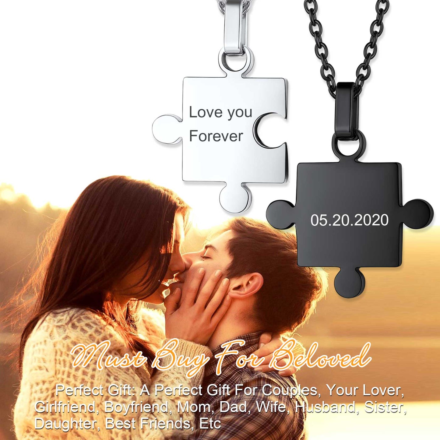 Custom Puzzle Matching Necklaces for Couple Mom Daughter 2pcs