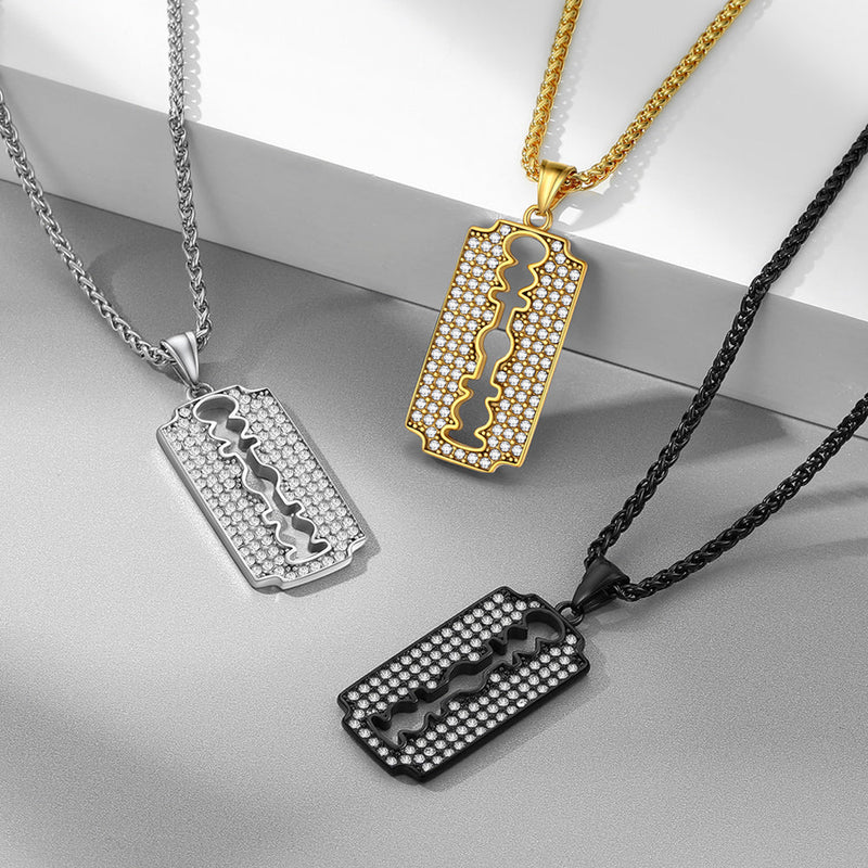 Engraved Razor Blade Pendant Necklace With Diamond for