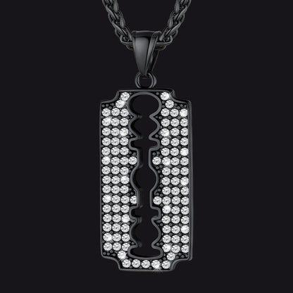 Engraved Razor Blade Pendant Necklace With Diamond for