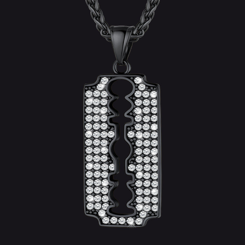 Engraved Razor Blade Pendant Necklace With Diamond for