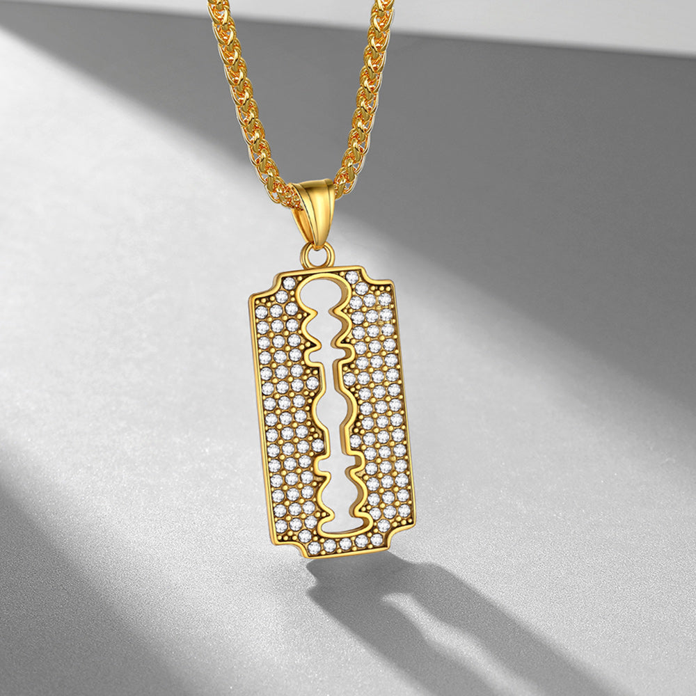 Engraved Razor Blade Pendant Necklace With Diamond for