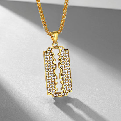 Engraved Razor Blade Pendant Necklace With Diamond for