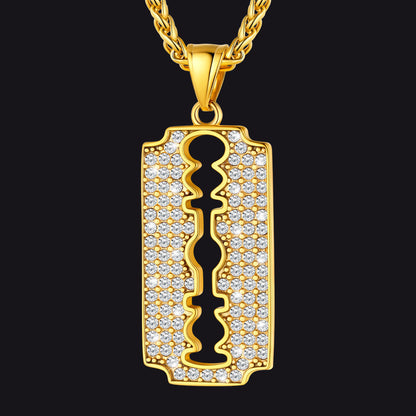 Engraved Razor Blade Pendant Necklace With Diamond for