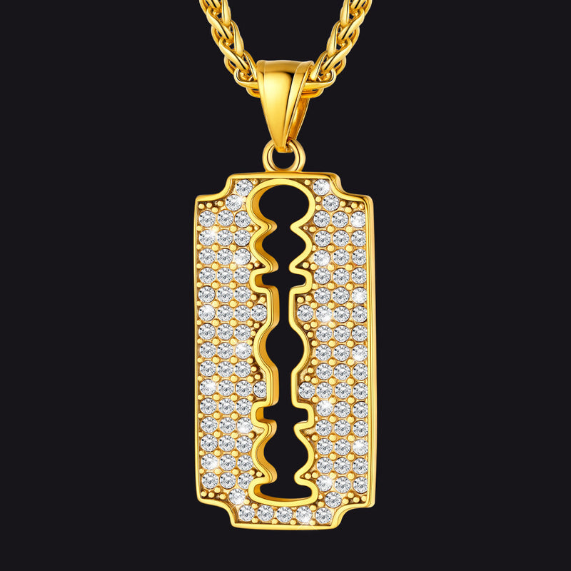 Engraved Razor Blade Pendant Necklace With Diamond for