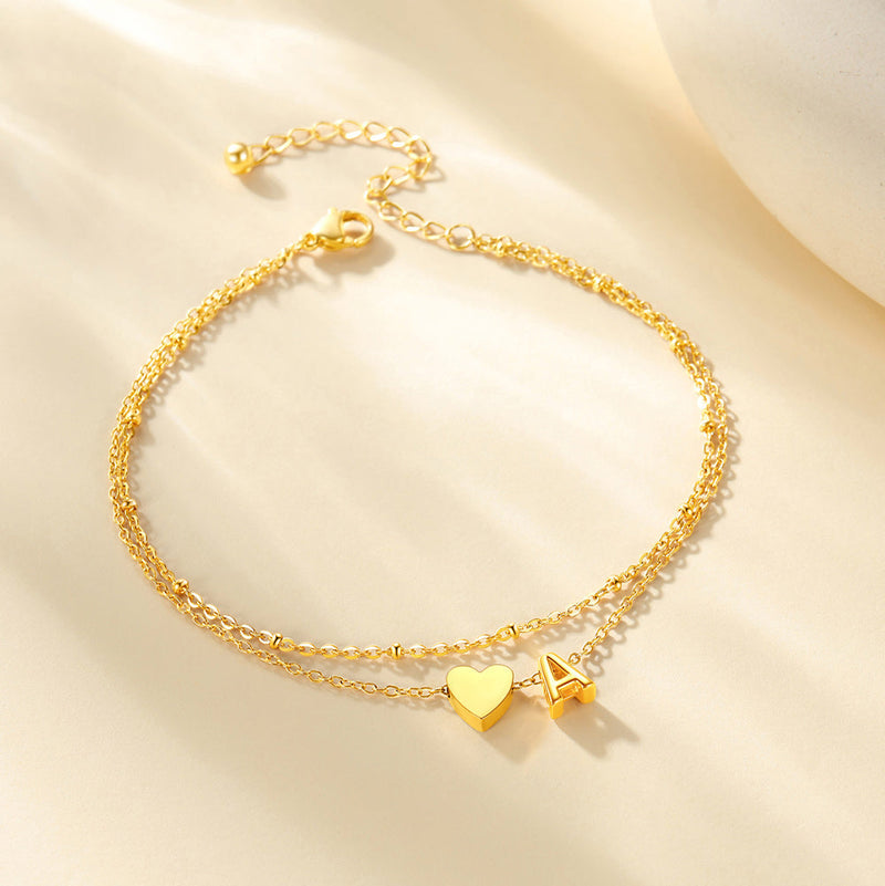 Initial Heart Layered Anklet With Heart for