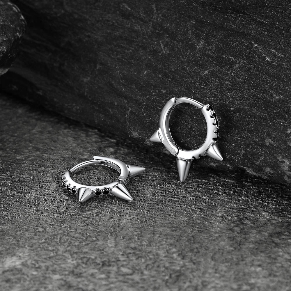 Flash Sterling Silver Spike Hoop Earrings With Black Onyx