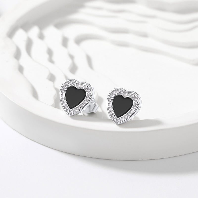 Flash Sterling Silver Heart-shaped Black Onyx Stud Earrings for