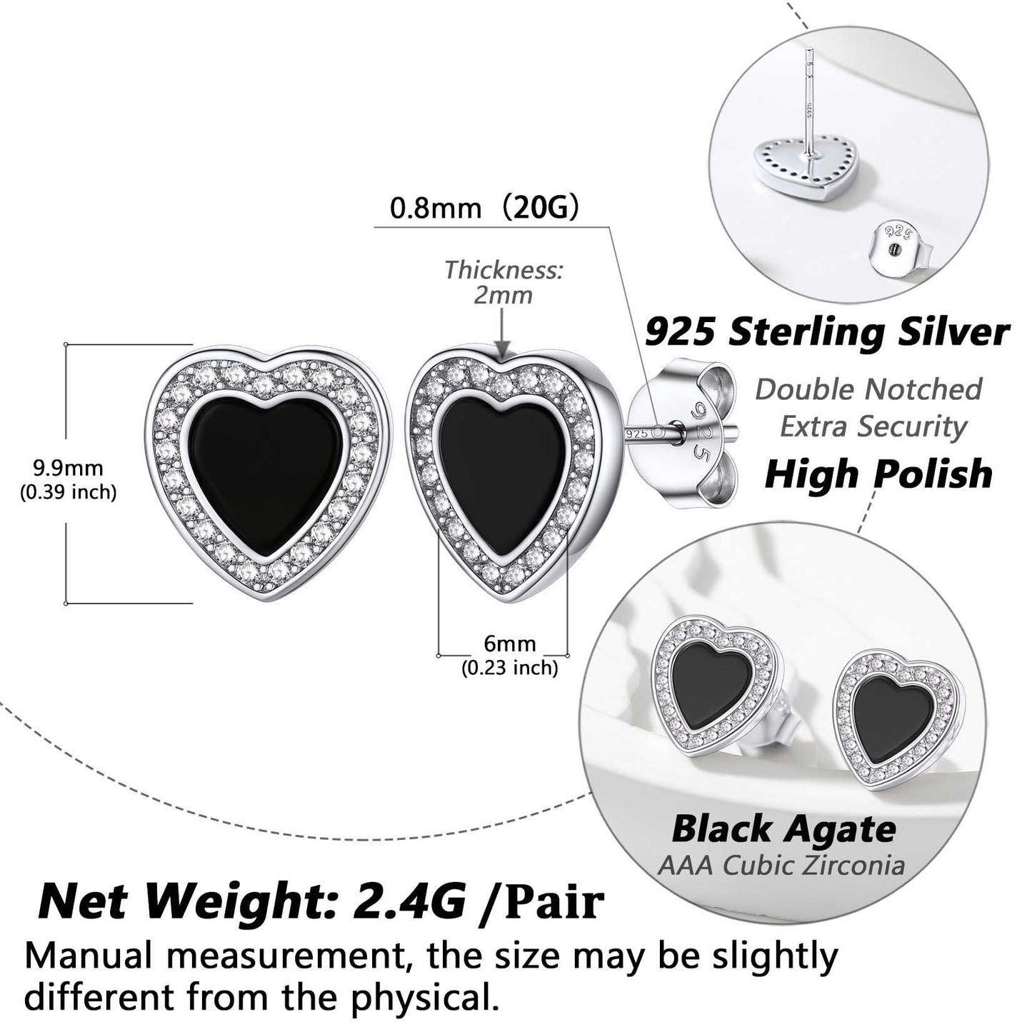Flash Sterling Silver Heart-shaped Black Onyx Stud Earrings for
