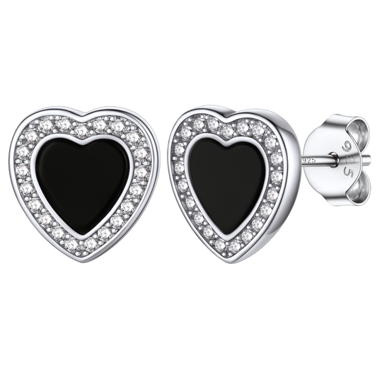 Flash Sterling Silver Heart-shaped Black Onyx Stud Earrings for