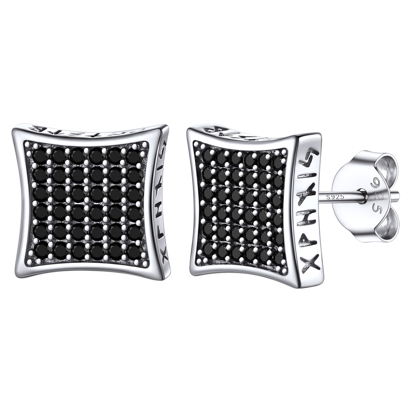 9mm Square Black Diamond Stud Earrings With Viking Runes