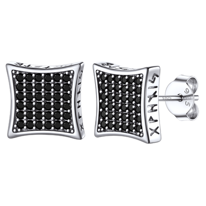 9mm Square Black Diamond Stud Earrings With Viking Runes